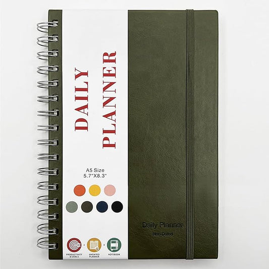 Undated Daily Planner,Undated Planner with Hourly Schedules, Daily Organizer Notebooks for work, Spiral Appointment Planner for Men and Wome, To Do List Notebook for Time Management, Elastic Closure, Pocket (Olive Green)