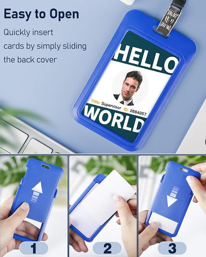 Uniclife 3 Pack Sliding ID Badge Holder Vertical Hard Plastic Case with Clear Window Blue Card Protector Pouch for Office School ID Credit Cards Proximity Key Cards Driver’s Licenses and Passes