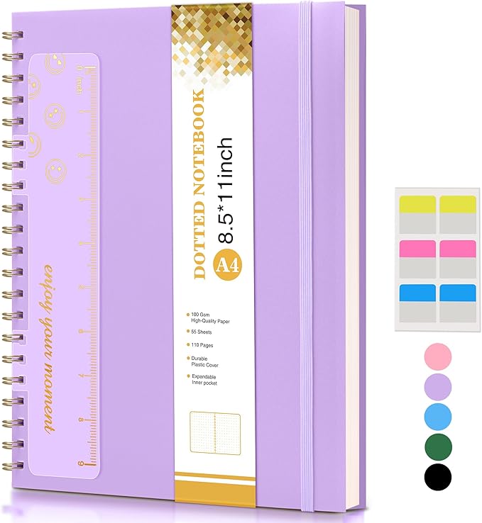 Dotted Notebook, Spiral Notebook Journal 8.5” x 11”, A4 Large Dot Grid Notebooks for Women Men, 100 GSM Dotted Paper, Plastic Hardcover Spiral Bullet Dotted Journals for Work School Sketching, Purple
