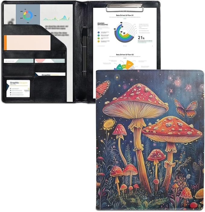 Cozeyat Mushroom Butterfly Portfolio Padfolio Resume Folder with Pocket, PU Leather Interview Writing Legal Pads Document Organizer Portfolio with Business Card Holder
