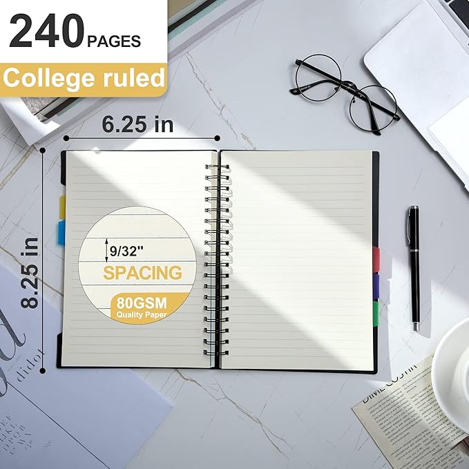 CAGIE 5 Subject Spiral Notebooks Set of 4, 240 Pages Notebook for Work with Dividers Tabs, A5 Small Notebook School Office Supplies, College Ruled (Black)