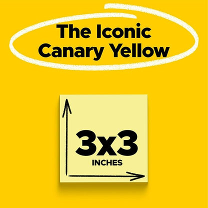 Post-it 100% Recycled Paper Super Sticky Notes, Canary Yellow, 3 in. x 3 in., 12 Sticky Note Pads, 70 Sheets per Pad, School Supplies and Office Products