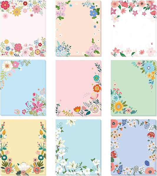 Sabary 9 Pads Sticky Notes 3.15 x 3.94 Inches Cute Self Sticky Note Pads Colored Adhesive Notepad for Memo Reminder Journal Studying Office Home Gift (Flower)