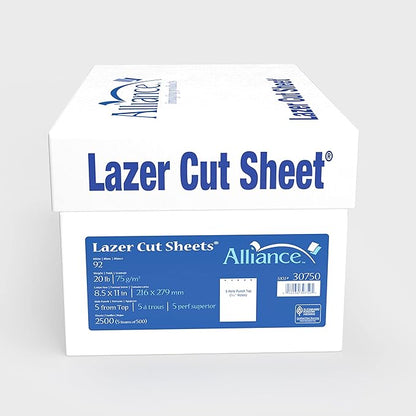 Prepunched Paper Alliance Laser Cut Sheet 5 Hole Top Punch 8.5 x 11 inch, 20 lb, 92 Bright, 2500 Sheets