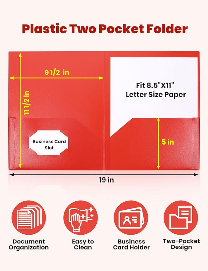 SUNEE 2 Pocket Folders (12 Pack, Red) Heavy-Duty Plastic Folders with Pockets, Fit 8.5x11 Letter Size Paper, 2-Pocket File Folders for Kids, Home, School, Office