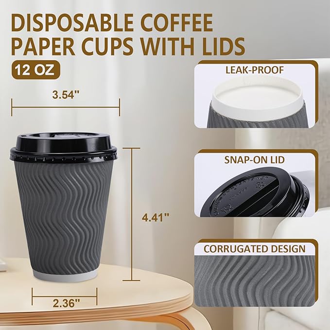 500 Pack Coffee Cups with Lids 12oz, Disposable Insulated Ripple Wall To Go Paper Coffee Cups for Hot/Cold Drinks Office Home Shop Event (Grey)