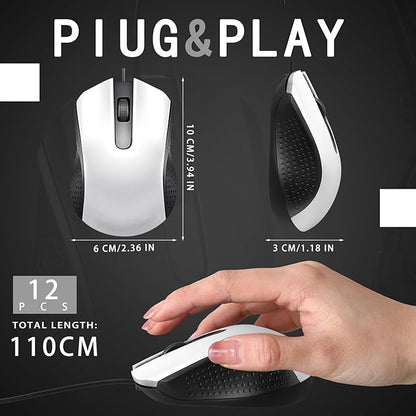 Hoteam 12 Pcs Wired Computer Mouse Bulk Cord USB Computer Mice Ergonomic Wired Mouse for Pcs, Computers, Laptops, Gaming Office Home Supplies (White)