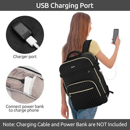 Travel Backpack for Women, Carry On Backpack for Airplanes Flight Approved, Waterproof Large Weekender Overnight Bag Fit 17 Inch Laptop with USB Charging Port, Black