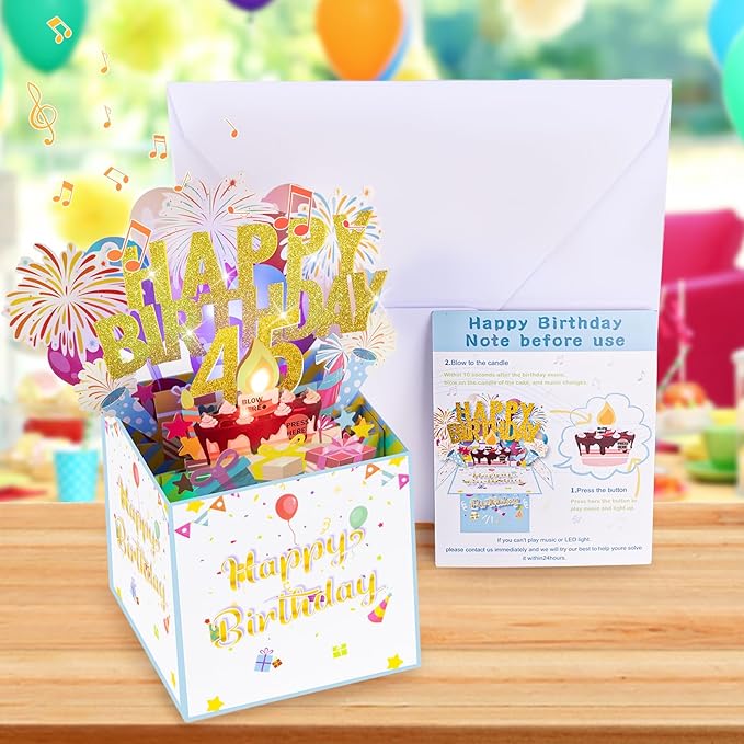 Tnvee 45TH Birthday Cards with Lights & Music & Candle, 3D Large Pop Up Happy Birthday Cards for Women Man Greeting Cards Decorations for 45 Years Old Mom Dad Wife Husband Friend