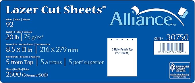 Prepunched Paper Alliance Laser Cut Sheet 5 Hole Top Punch 8.5 x 11 inch, 20 lb, 92 Bright, 2500 Sheets