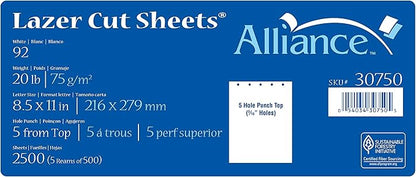 Prepunched Paper Alliance Laser Cut Sheet 5 Hole Top Punch 8.5 x 11 inch, 20 lb, 92 Bright, 2500 Sheets
