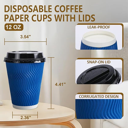 500 Pack Coffee Cups with Lids 12oz, Disposable Insulated Ripple Wall To Go Paper Coffee Cups for Hot/Cold Drinks Office Home Shop Event (Navy)