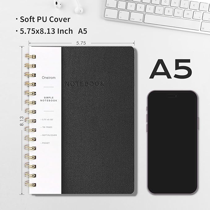 Lined Spiral Notebook College Ruled A5 Journal Book for Note Taking, 160 Pages Writing Journal for Office and Home School Supplies 5.75x8.125 inch (3pack-Black)