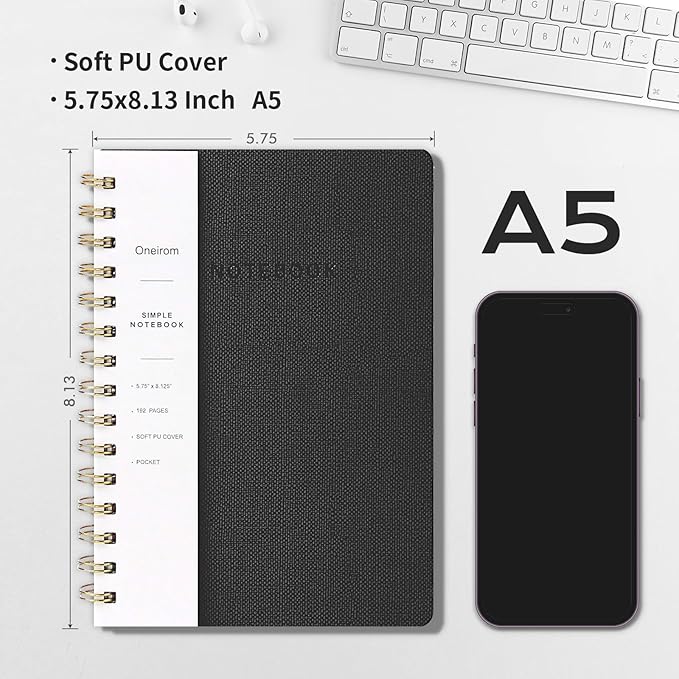 Lined Spiral Notebook College Ruled A5 Journal Book for Note Taking, 160 Pages Writing Journal for Office and Home School Supplies 5.75x8.125 inch (6-Black)
