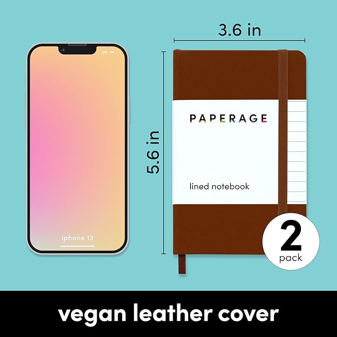 PAPERAGE Lined Pocket Journal Notebook, 2 Pack, (Cognac), 160 Pages, Small Notebook, 3.6 inches x 5.6 inches - 100 GSM Thick Paper, Hardcover
