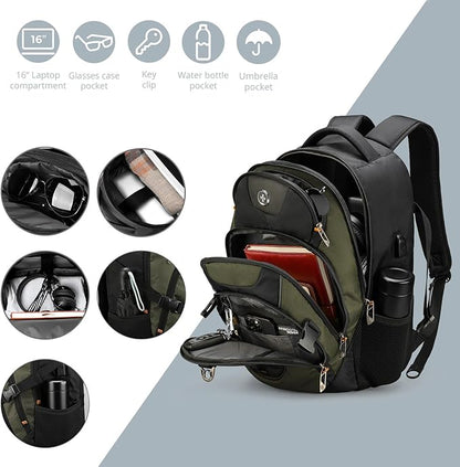 Swissdigital Design Large Business Laptop Backpack with Smart USB Charging Port, Travel Backpack Fits 15.6 inches laptops, Water Repellent College Backpack for Men Women (VECTOR SD803-26 Olive/Black)