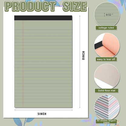Lincia 24 Pcs 5" x 8" Colored Note Pads Mini Legal Pads Ruled 50 Sheets Per Micro Writing Pads Perforated and Lined for College Office Supplies (Retro Colors)