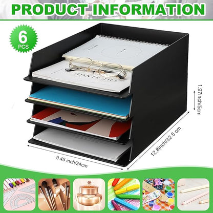 Wenqik 6 Pcs Stackable Paper Trays Rectangular Plastic Desk Tray Holder Desktop Document File Paper Organizer Plastic Storage Letter Tray for Office Classroom, Black