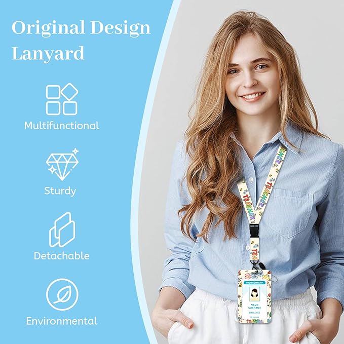 Teacher Lanyards for Id Badges, Cute Flower Floral Badge Holder with Retractable Reel Clip, Adjustable Work Name Tags Keychain Lanyard ID Card Protector Cover Case for Women Nurse Office
