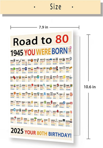 OJsensai Large 80th Birthday Card for Friends Grandma Grandpa, Best 80 Year Old Bday Gifts for Women Men, Road To 1945 Decorations