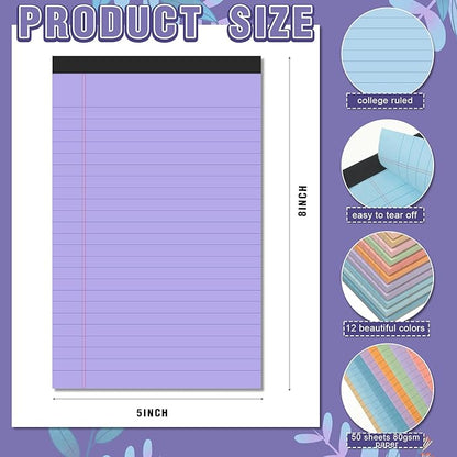 Lincia 24 Pcs 5" x 8" Colored Note Pads Mini Legal Pads Ruled 50 Sheets Per Micro Writing Pads Perforated and Lined for College Office Supplies (Bright Colors)