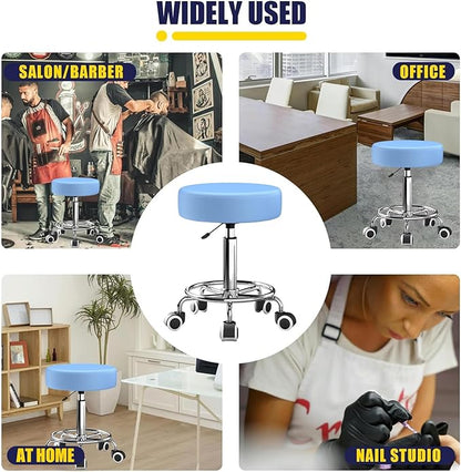 Rolling Stool, Heavy Weight Capacity 250lb, PU Leather Rolling stools, Ultra Soft Padded Seat, Rolling Stools with Wheels and Footrest, 360° Swivel, Spa Drawing Salon Work Office Tattoo Stool (blue)