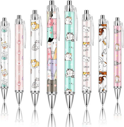 Ireer 8 Pcs Ballpoint Pens for Women 1.00 mm Cute Black Ink Fancy Pens Fine Point Smooth Writing for Journaling Aesthetic Office Supplies(Cat)