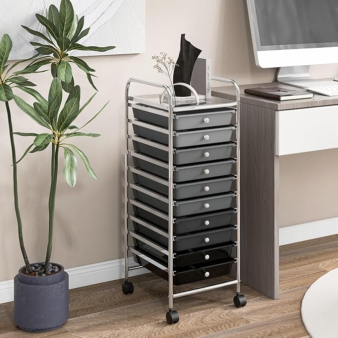 Storage Cart, Rolling Utility Cart with 10 Drawers, Portable Handles & Lockable Wheels, Mobile Paper Toys Storage Organizer Large Capacity for Home Office School Teacher (Gradient Black)