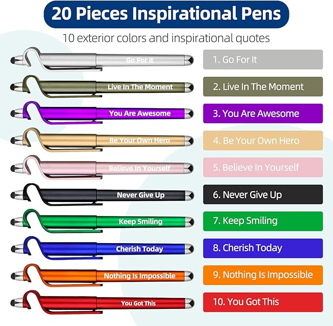 20 Pcs Motivational Ballpoint Pens Batch, Office Snarky Phone Holder and Touch Screen Stylus Pen, Black Ink Encouragement Quotes,Inspirational Gifts For School And Corporate Office Supplies