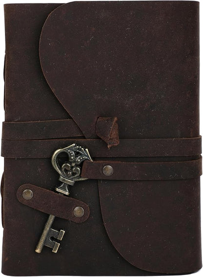 Fausta Vintage Handcrafted Leather Journal with Key for Writing, 240 Pages 7 x 5 inches, Deckled Cotton Paper Notebook/Diary for Men and Women 150 GSM Drawing/Sketchbook, Rustic Brown