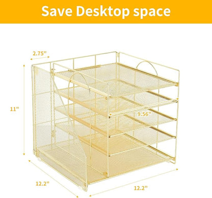 Desk Organizers and Accessories, 5-Tier Paper Letter Tray Organizer with File Holder, Desktop Organizer for Office Supplies, Office Desk Accessories & Workspace (Gold)