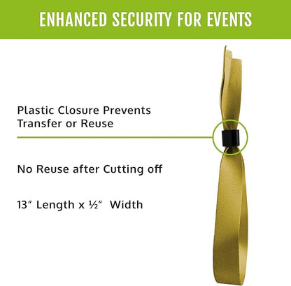 Wristco 100 Gold Cloth Event Wristbands – Plastic Closure to Prevent Transfer or Reuse – Premium-Grade Fabric Bracelets for Party Entry, Summer Camp, VIP Identification, Drink Ticket ID