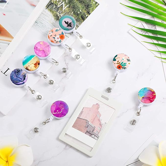 Retractable Badge Reel, Badge Holder with Alligator Clip, Cute Badge Clip on ID Name Card Holders for Nurse Doctor and Office (3Pack Watercolor Marble)