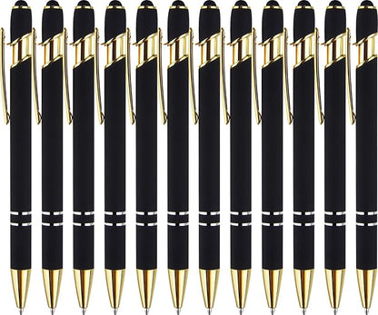 LINFANC 12 Pack Black Gold Ballpoint Pen with Stylus Tip, 1.0 mm Black Ink Smooth Writing Pens, Metal Stylus Pens for Touch Screens