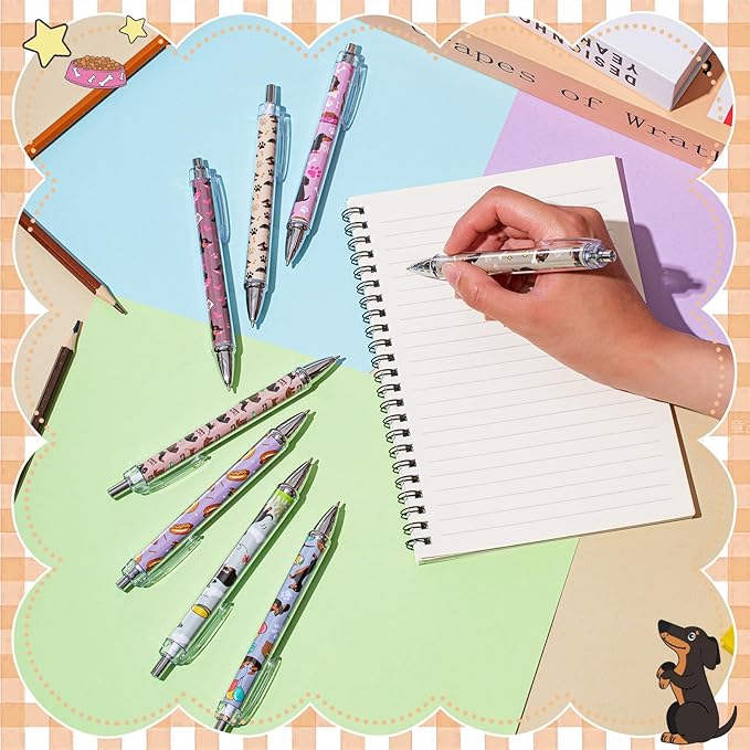 Ireer 8 Pcs Ballpoint Pens for Women 1.00 mm Cute Black Ink Fancy Pens Fine Point Smooth Writing for Journaling Aesthetic Office Supplies(Dachshund)