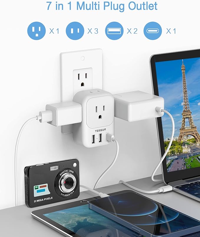 USB Wall Charger, Wall Plug Adapter Outlet Extender, TESSAN 3 Charger Block (1 USB C Port), Multi Charging Station for Cruise, Bathroom, Office, Dorm Essentials, White