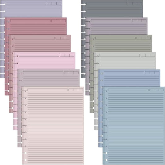 PerKoop 12 Pack 480 Sheets Colored Discbound Refill Paper 8.5 x 11 Inch College Ruled 11 Disc Letter Size Lined Paper Multicolored Refill Notebooks Disc Paper for Refill Paper Journaling (Poi Color)