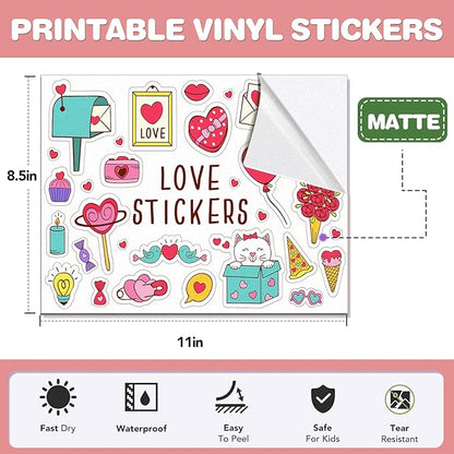 100 PCS Printable Vinyl Sticker Paper for inkjet printer & Laser Printer,Standard Letter Size 8.5"x11",Waterproof Sticker Paper Dries Quickly Vivid Colors,Matte White