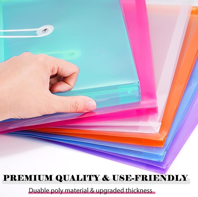 A4 Letter Size Plastic Poly Envelopes with Button and String Tie Closure, 1-1/4" Expansion Clear File Folders Side Loading Documents Organizer for Home School and Office Supplies (28)