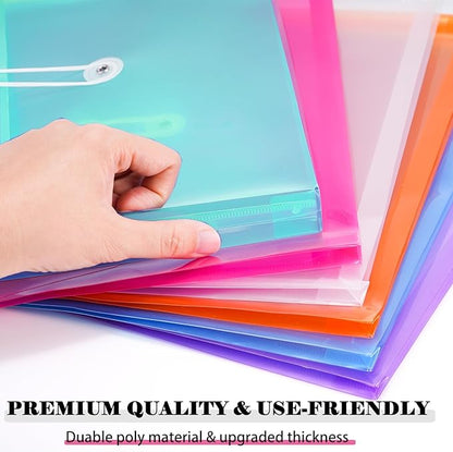 A4 Letter Size Plastic Poly Envelopes with Button and String Tie Closure, 1-1/4" Expansion Clear File Folders Side Loading Documents Organizer for Home School and Office Supplies (28)