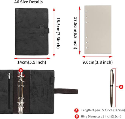 Wonderpool Leather Journal Refillable Binder A6 Writing Notebook Folder Organiser with Dotted Paper & Multi Pockets Cover for Business School Travel (A6, Grey)