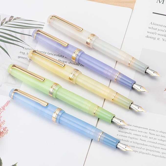 Jinhao 82 Acrylic Fountain Pen, Iridium Bent Nib with Ink Converter, Transparent Light Blue Classic Design Smooth Writing Pen (Gold Trim)
