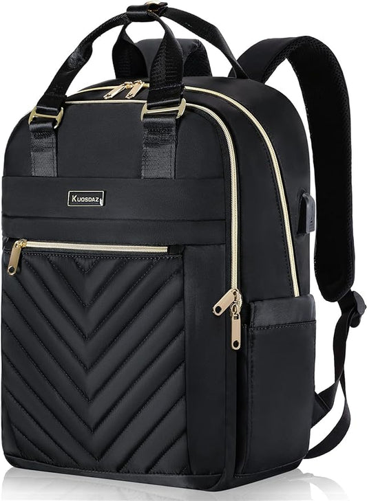 Black Backpack for Women, School Backpack for Teen Girls, 15.6 Inch Quilted Backpack Purse with USB Port, Work Business Teacher Student Computer Bag, College Bookbags Casual Daypacks, Black