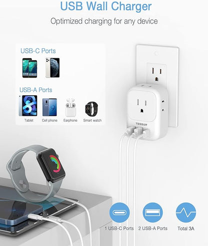 USB Wall Charger, Wall Plug Adapter Outlet Extender, TESSAN 3 Charger Block (1 USB C Port), Multi Charging Station for Cruise, Bathroom, Office, Dorm Essentials, White
