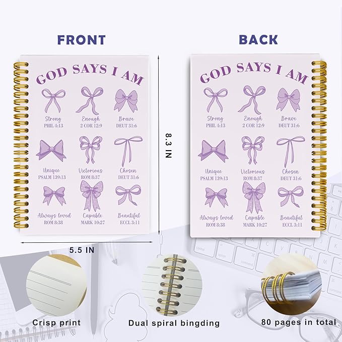 Coquette Purple Bows Bible Notebook,Aesthetic Composition Notebook, God Says I Am Christian Scripture Prayer Journal for Women, Hardcover Spiral Notebooks College Ruled 5.5 x 8.3 （Purple