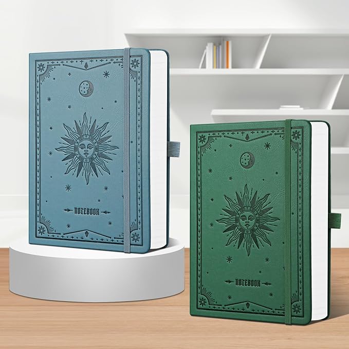 EMSHOI A5 Hardcover Leather Journal - 320 Pages, 100GSM Thick Notebook Lined Journal for Writing Women & Men, College Ruled, Sun Design- Light Blue (5.75" x 8.38")