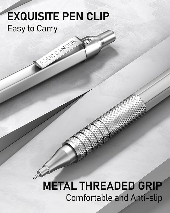 Four Candies 2PCS Metal Mechanical Pencils Set with Case, 0.5mm & 0.7 mm Artist Pencil with 6 Tubes (360PCS) HB Lead Refills, 3 Erasers,9 Eraser Refills For Writing Drafting, Drawing, Silver