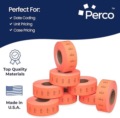 Perco 1 Line Fluorescent Red Sale Labels - 8 Rolls, 1 Sleeve, 8,000 Blank Price and Date Gun Labels for Perco 1 Line Price and Date Guns - Made in USA