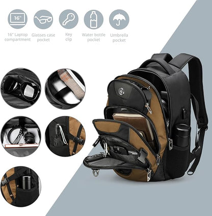 Swissdigital Design Large Business Laptop Backpack with Smart USB Charging Port, Travel Backpack Fits 15.6 inches laptops, Water Repellent College Backpack for Men Women (VECTOR SD803-34 Tan/Black)