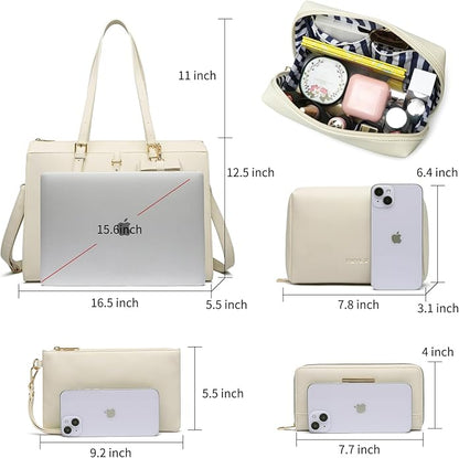 Keyli 4pc Sets Laptop Bag for Women Large Leather Laptop Briefcase with USB Charging Port Computer Shoulder tote Bags Purse